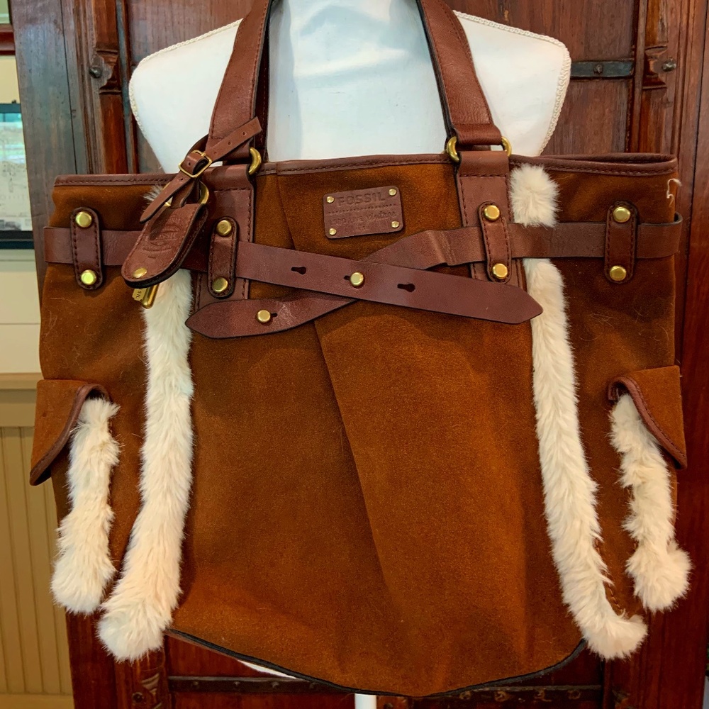 Nearly New Leather and Fur Fossil Tote